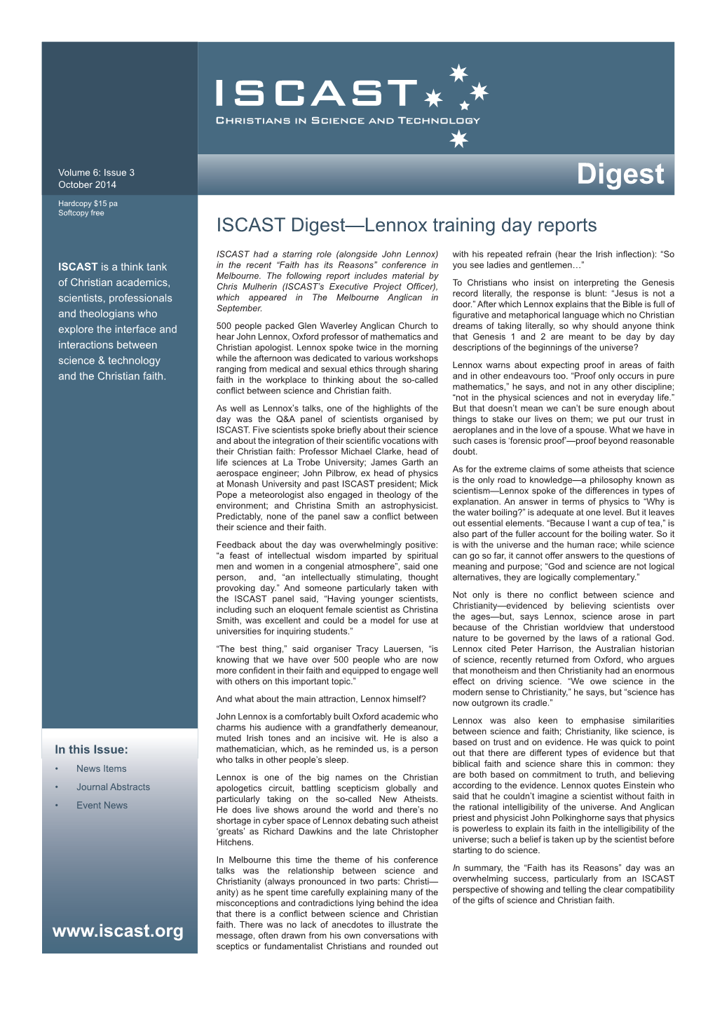Digest Hardcopy $15 Pa Softcopy Free ISCAST Digest—Lennox Training Day Reports