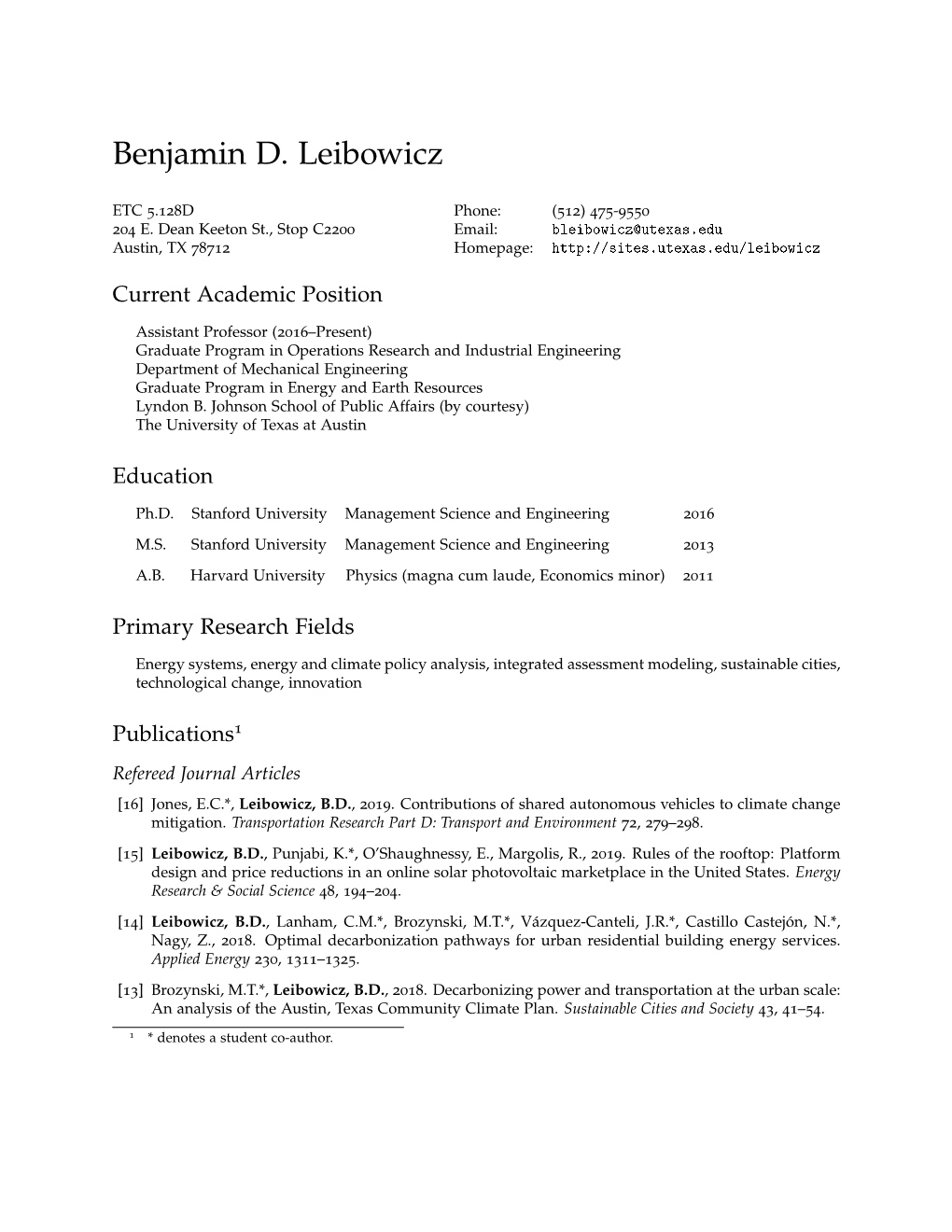 Benjamin D. Leibowicz: Curriculum Vitae