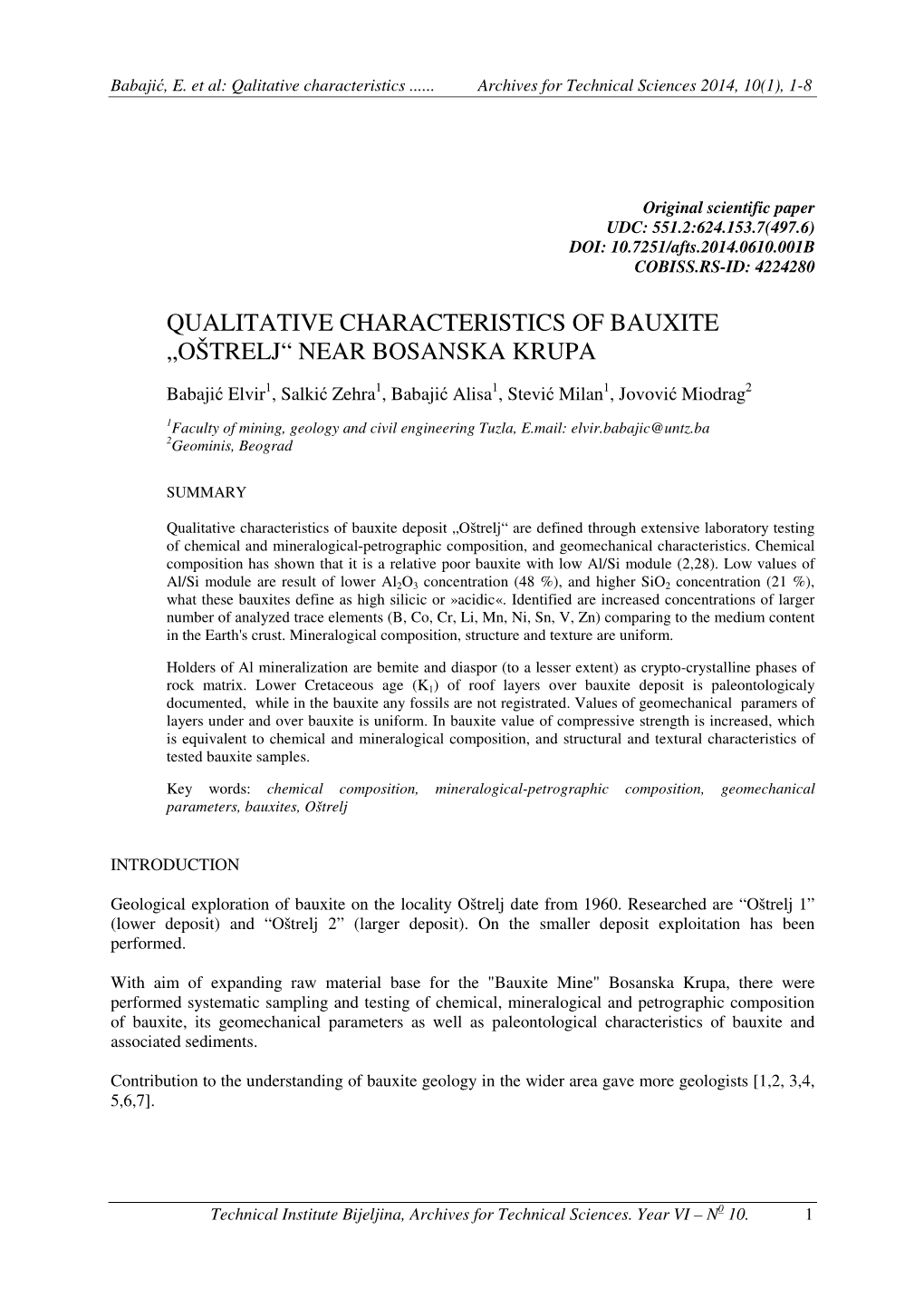 Qualitative Characteristics of Bauxite „Oštrelj“ Near Bosanska Krupa