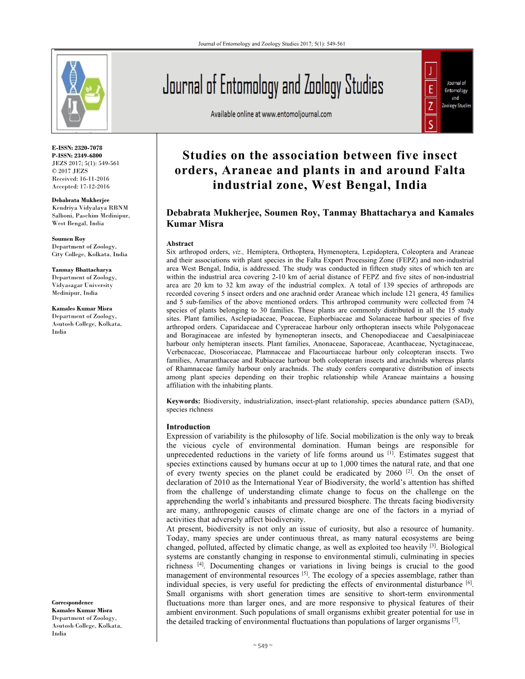 Studies on the Association Between Five Insect Orders, Araneae And