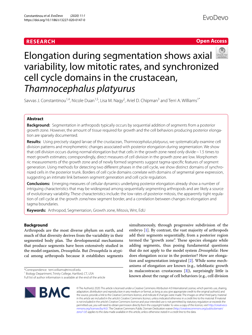 Elongation During Segmentation Shows Axial Variability, Low Mitotic Rates, and Synchronized Cell Cycle Domains in the Crustacean, Thamnocephalus Platyurus Savvas J