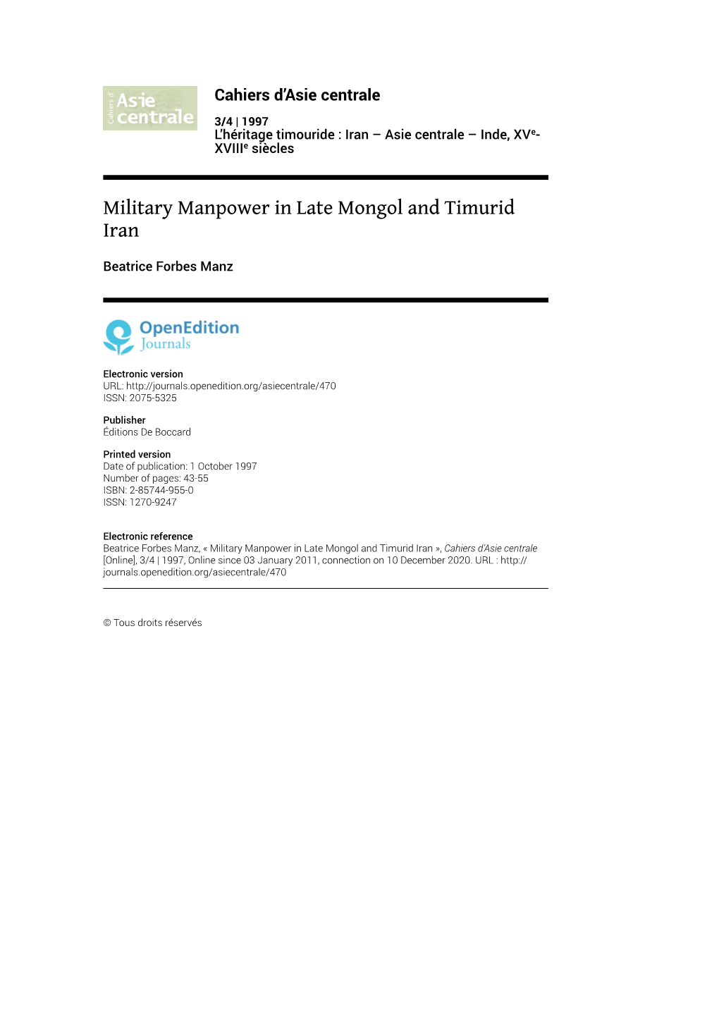 Military Manpower in Late Mongol and Timurid Iran