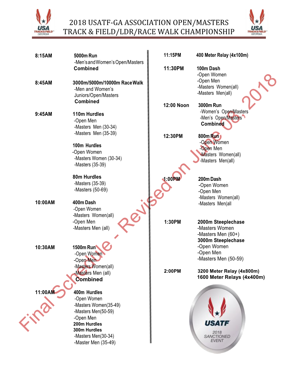 2018 Usatf-Ga Association Open/Masters Track & Field/Ldr/Race Walk Championship