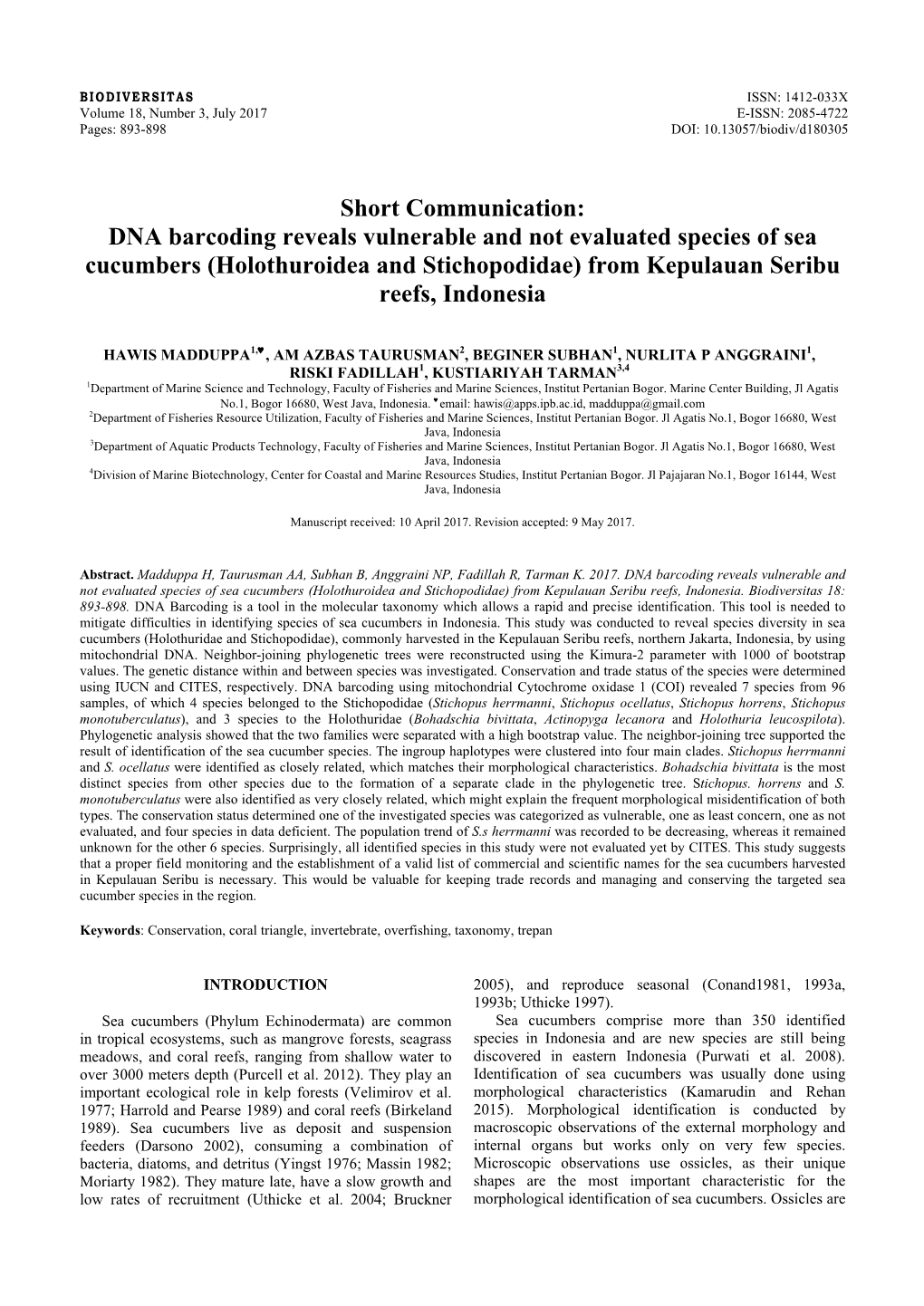 DNA Barcoding Reveals Vulnerable and Not Evaluated Species of Sea Cucumbers (Holothuroidea and Stichopodidae) from Kepulauan Seribu Reefs, Indonesia