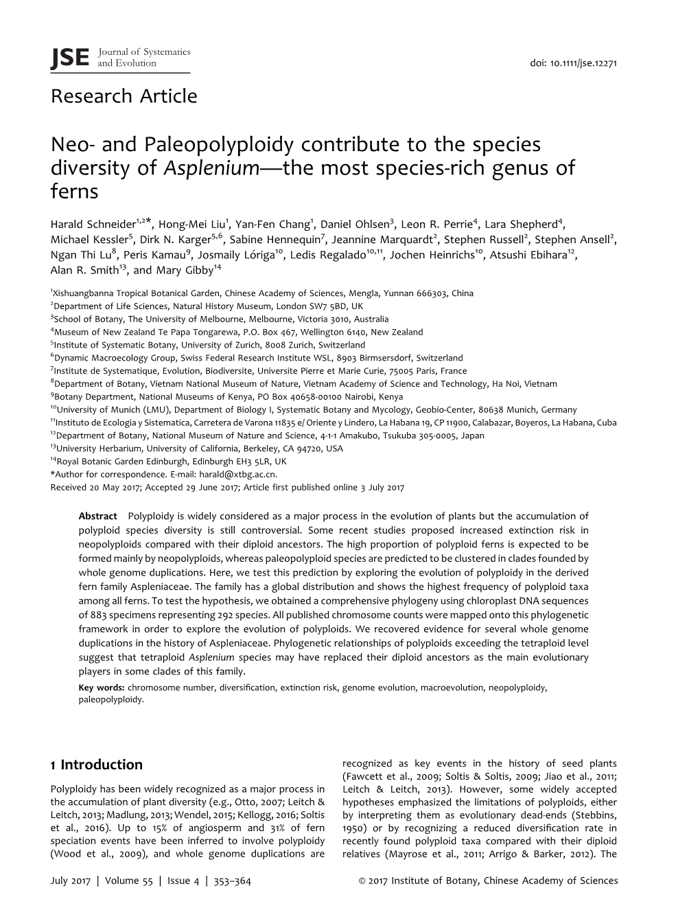 Neo- and Paleopolyploidy Contribute to the Species Diversity of Asplenium—The Most Species-Rich Genus of Ferns