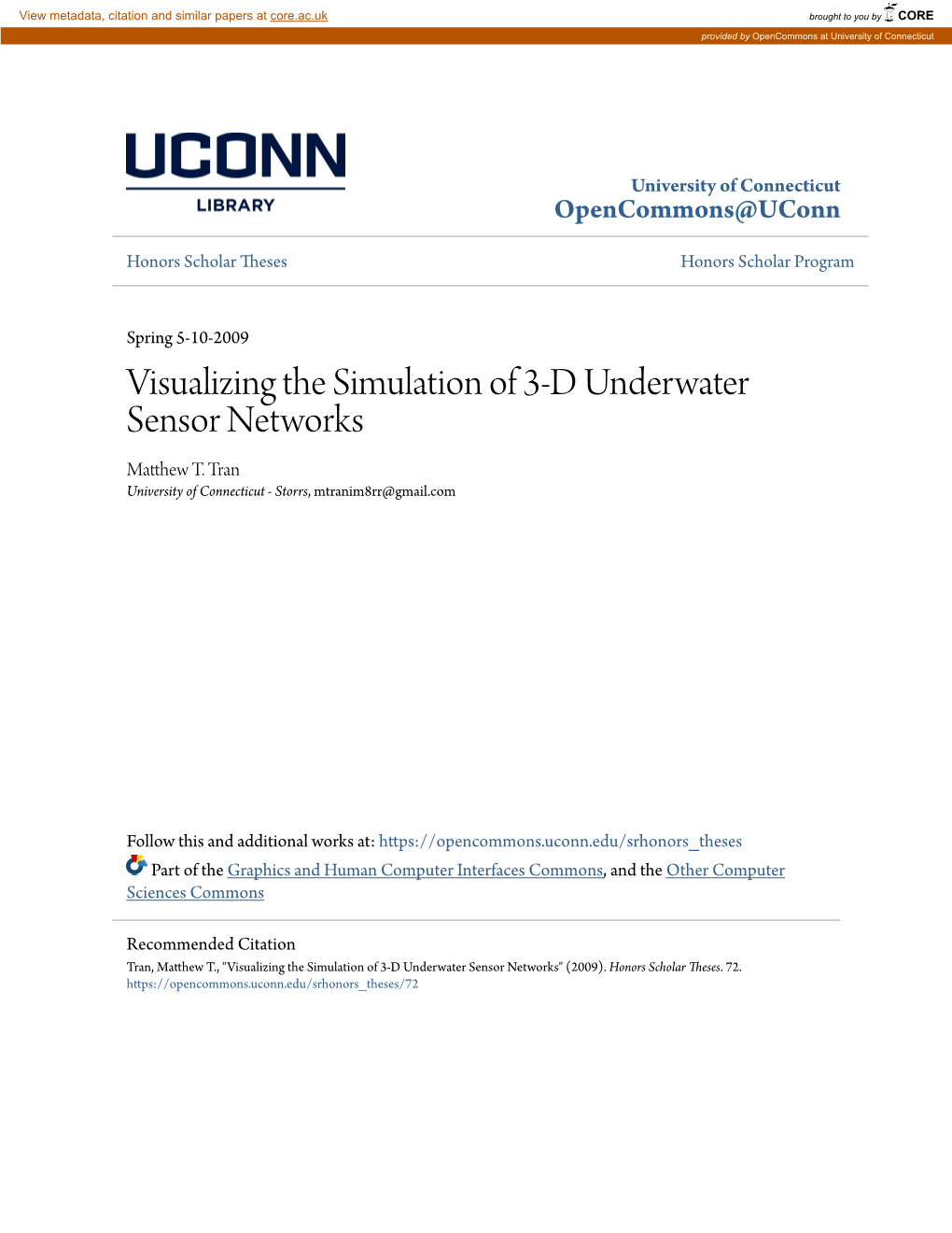 Visualizing the Simulation of 3-D Underwater Sensor Networks Matthew .T Tran University of Connecticut - Storrs, Mtranim8rr@Gmail.Com