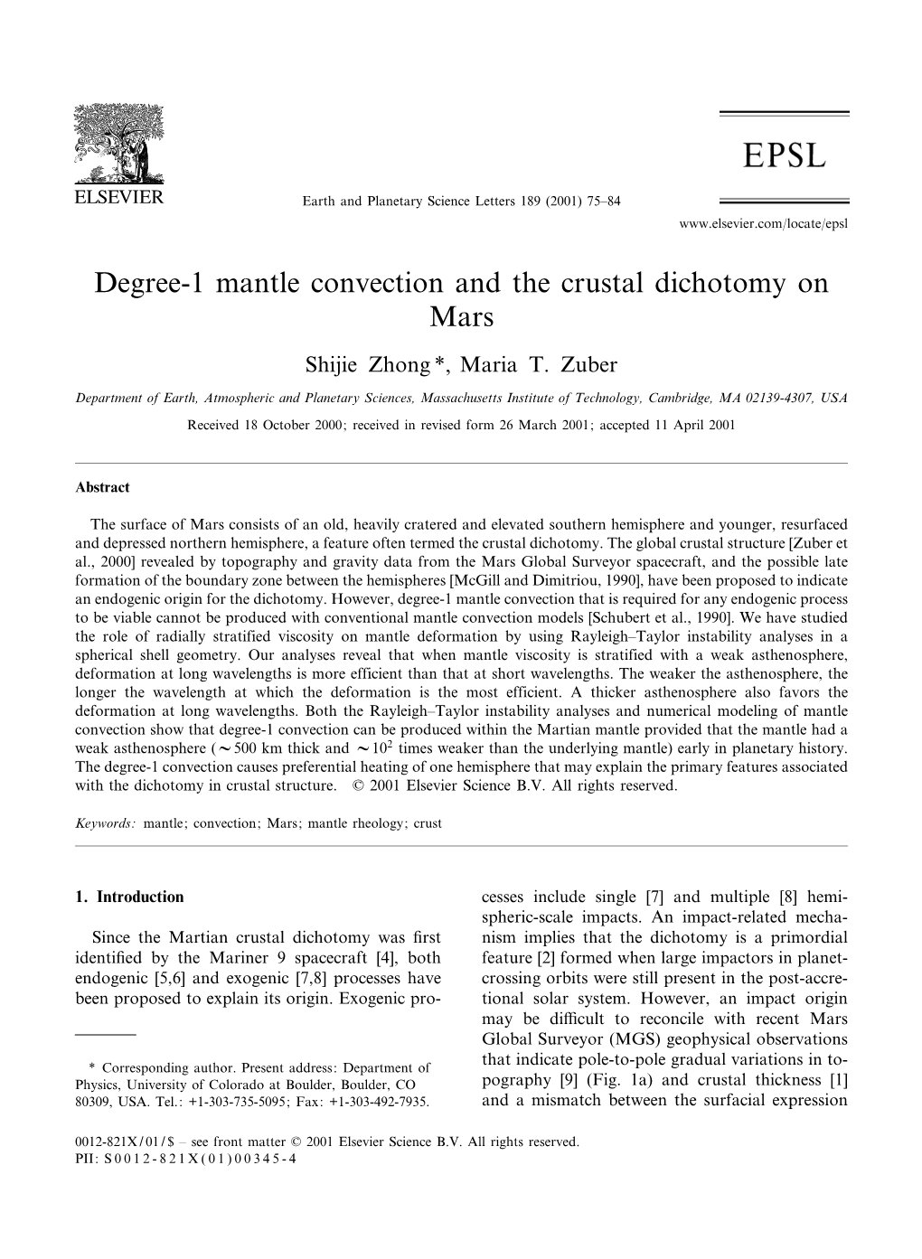 Degree-1 Mantle Convection and the Crustal Dichotomy on Mars