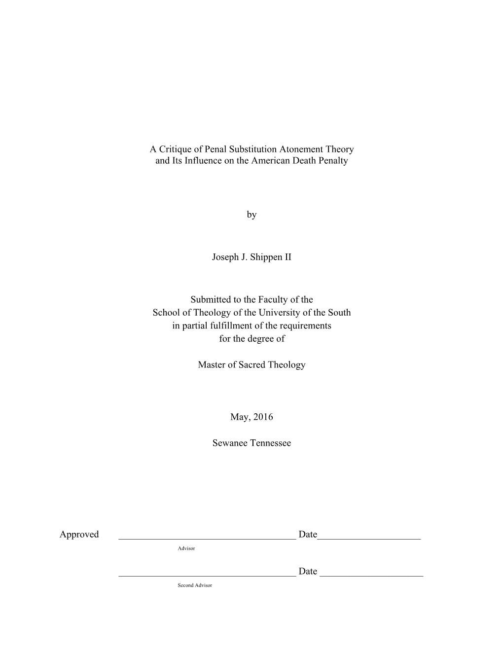 A Critique of Penal Substitution Atonement Theory and Its Influence on the American Death Penalty