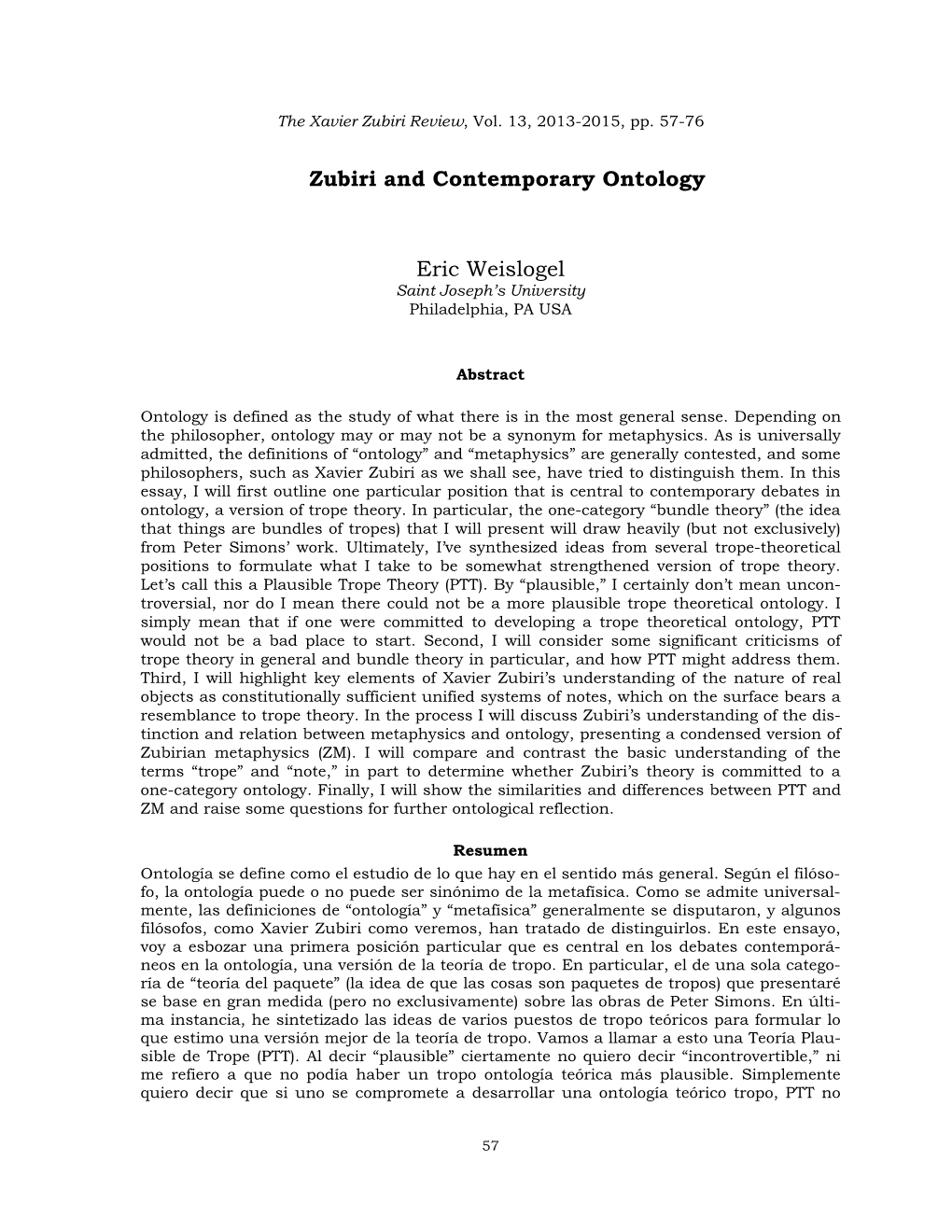 Zubiri and Contemporary Ontology Eric Weislogel