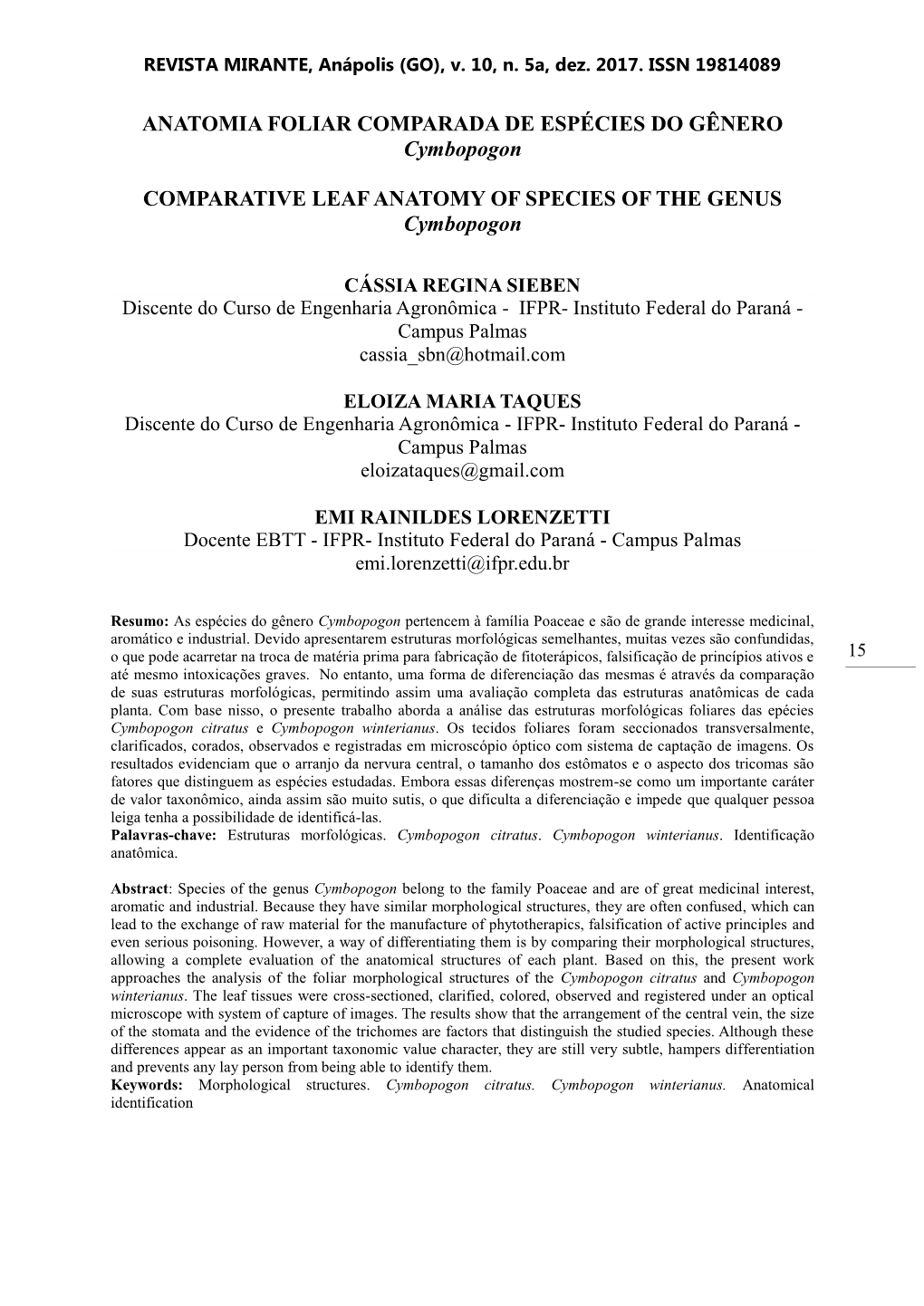 ANATOMIA FOLIAR COMPARADA DE ESPÉCIES DO GÊNERO Cymbopogon