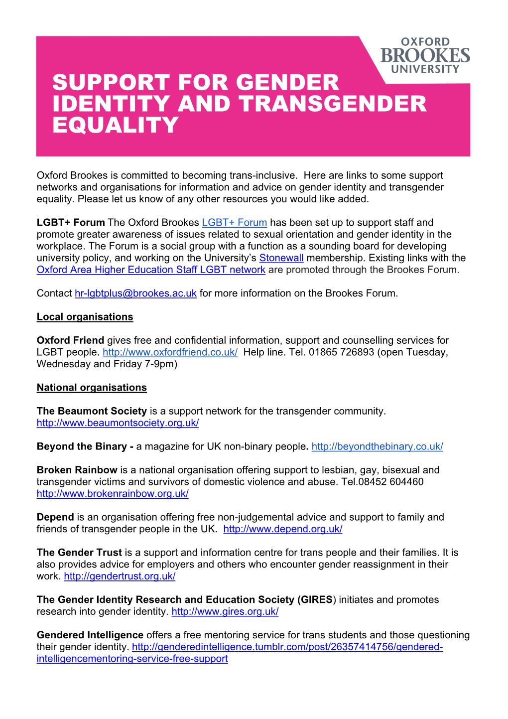 Support for Gender Identity and Transgender Equality