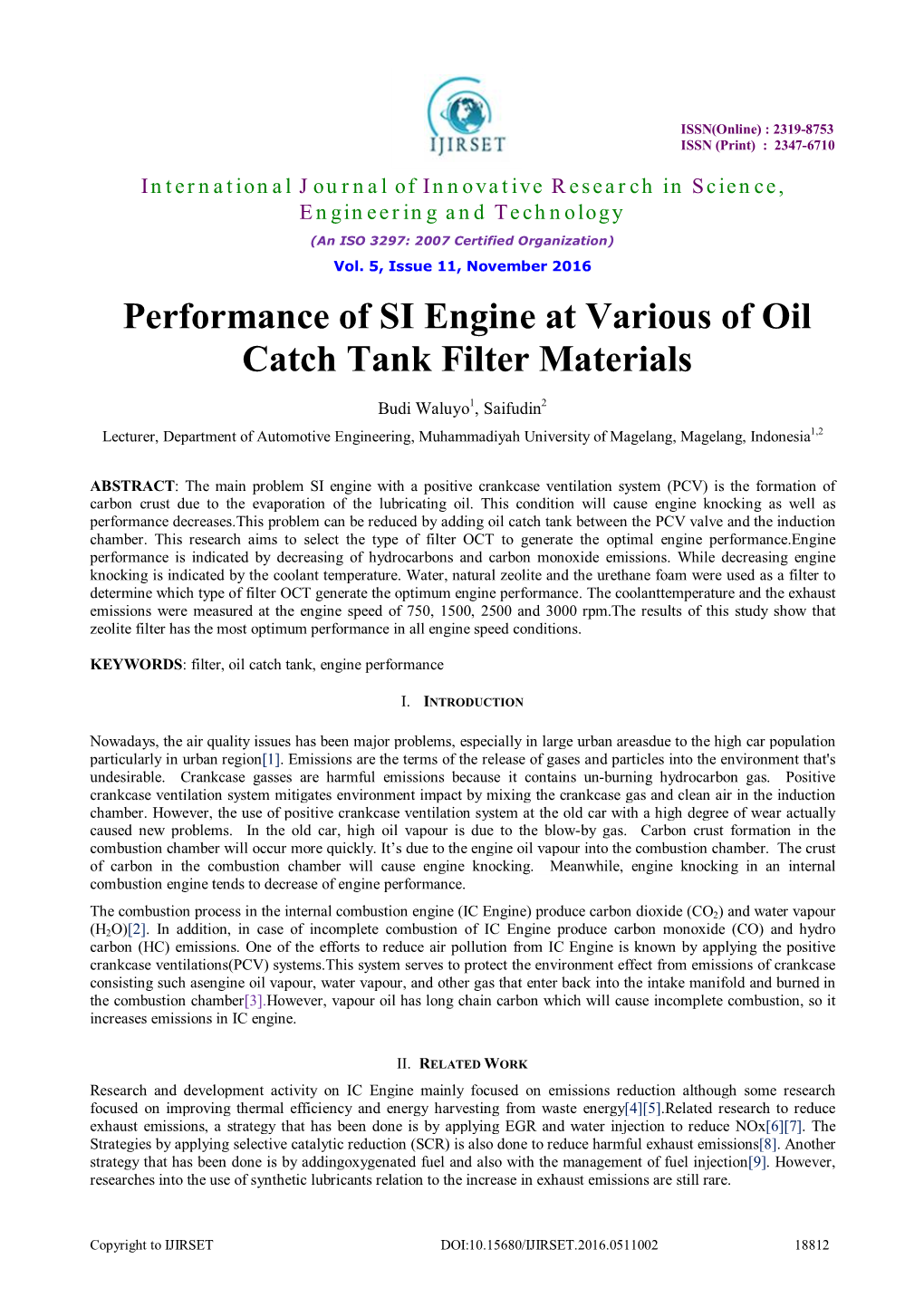 Performance of SI Engine at Various of Oil Catch Tank Filter Materials