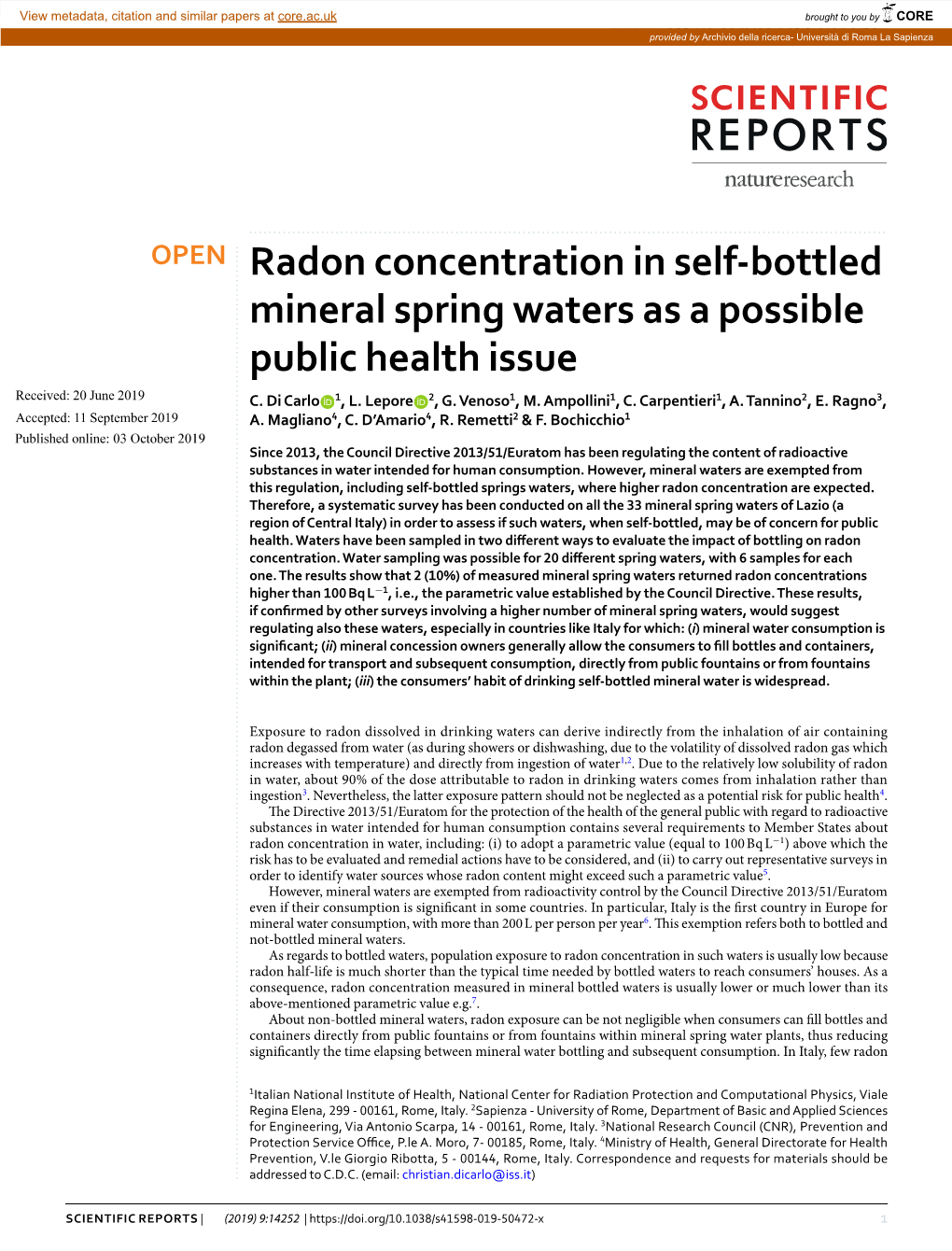 Radon Concentration in Self-Bottled Mineral Spring Waters As a Possible Public Health Issue Received: 20 June 2019 C