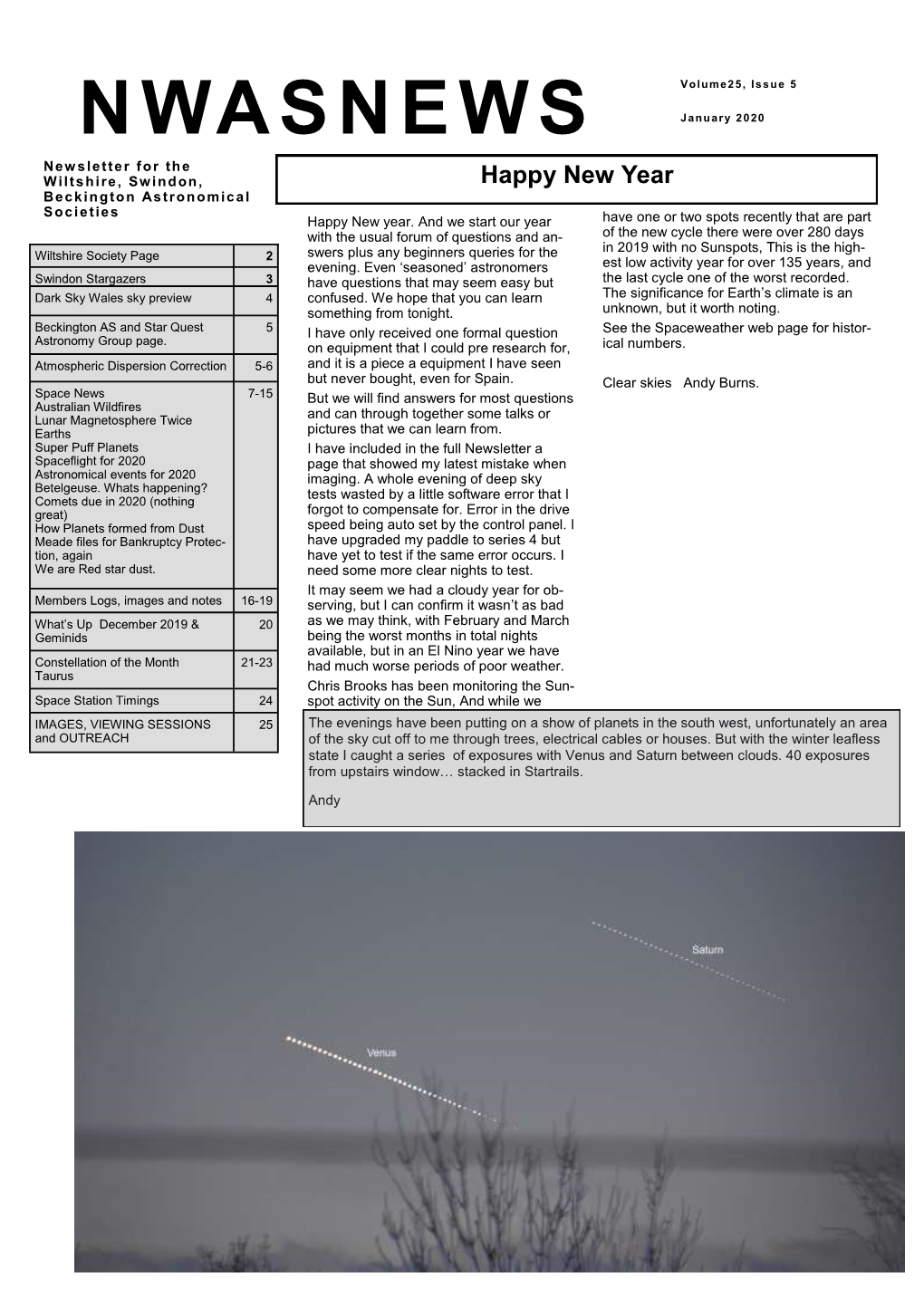 January 2020 Newsletter for the Wiltshire, Swindon, Happy New Year Beckington Astronomical Societies Happy New Year