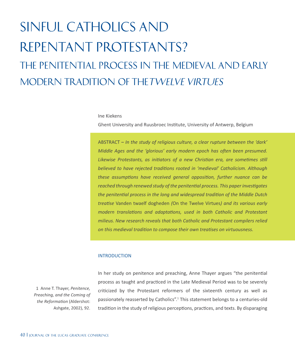 Sinful Catholics and Repentant Protestants? the Penitential Process in the Medieval and Early Modern Tradition of Thetwelve Virtues