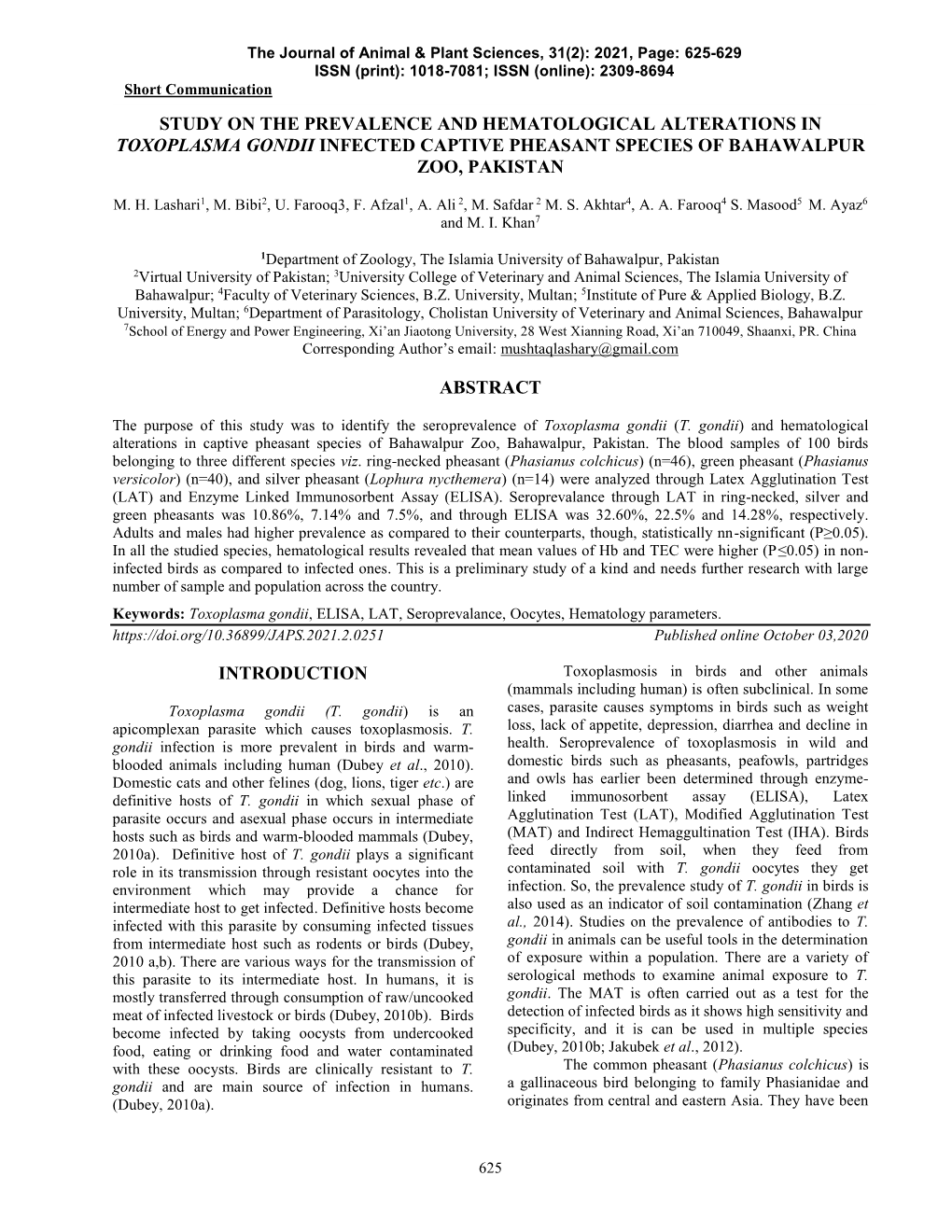 Study on the Prevalence and Hematological Alterations in Toxoplasma Gondii Infected Captive Pheasant Species of Bahawalpur Zoo, Pakistan