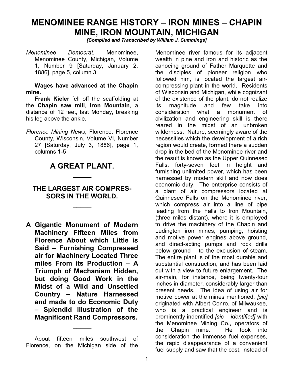 MENOMINEE RANGE HISTORY – IRON MINES – CHAPIN MINE, IRON MOUNTAIN, MICHIGAN [Compiled and Transcribed by William J