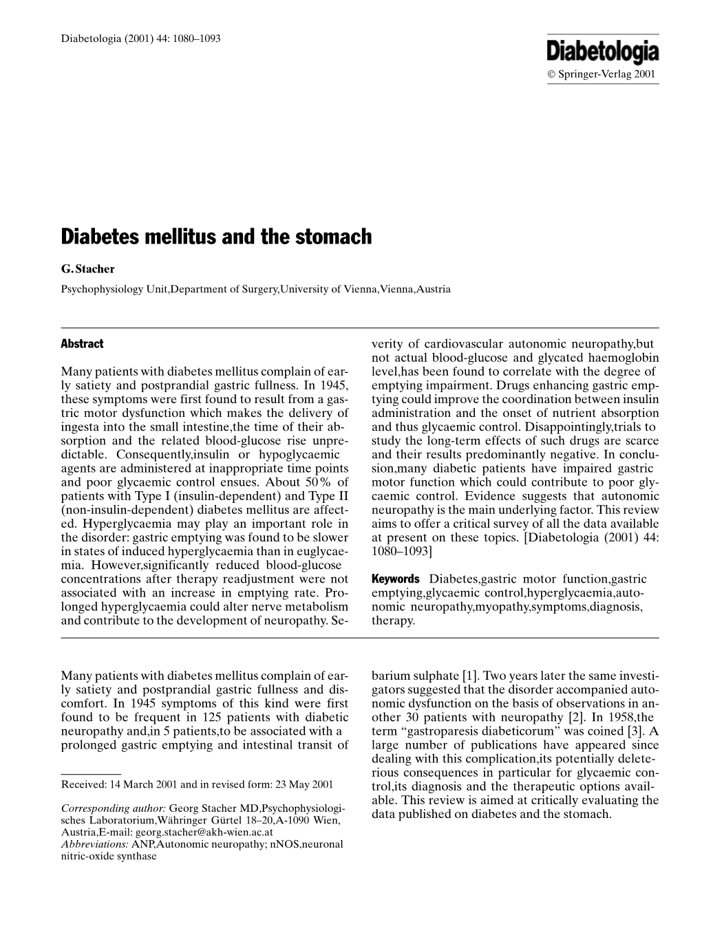 Diabetes Mellitus and the Stomach