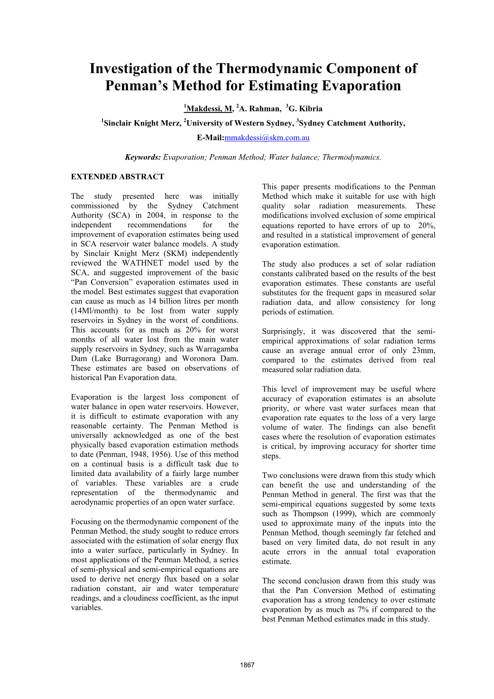 Investigation of the Thermodynamic Component of Penman's Method For