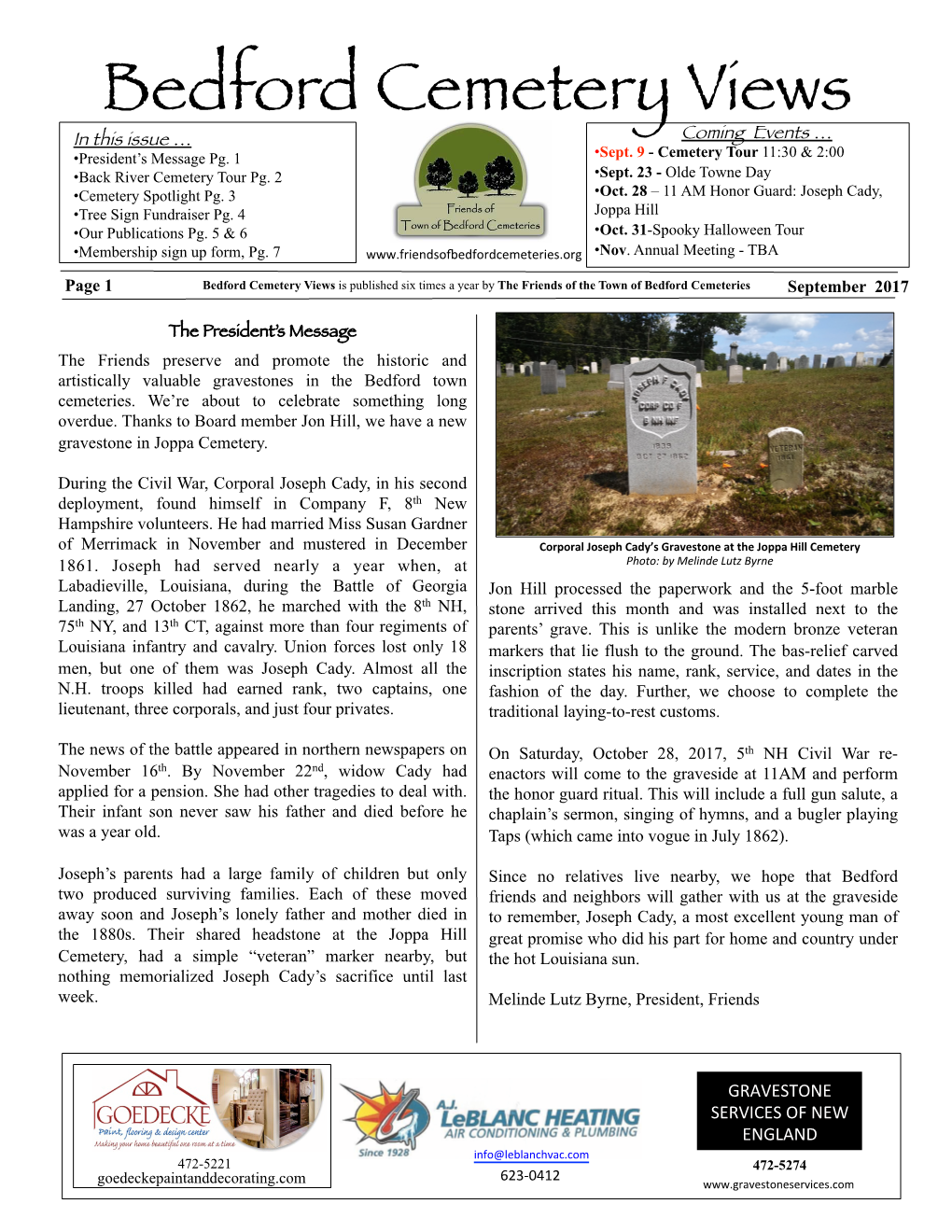 Bedford Cemetery Views Is Published Six Times a Year by the Friends of the Town of Bedford Cemeteries September 2017