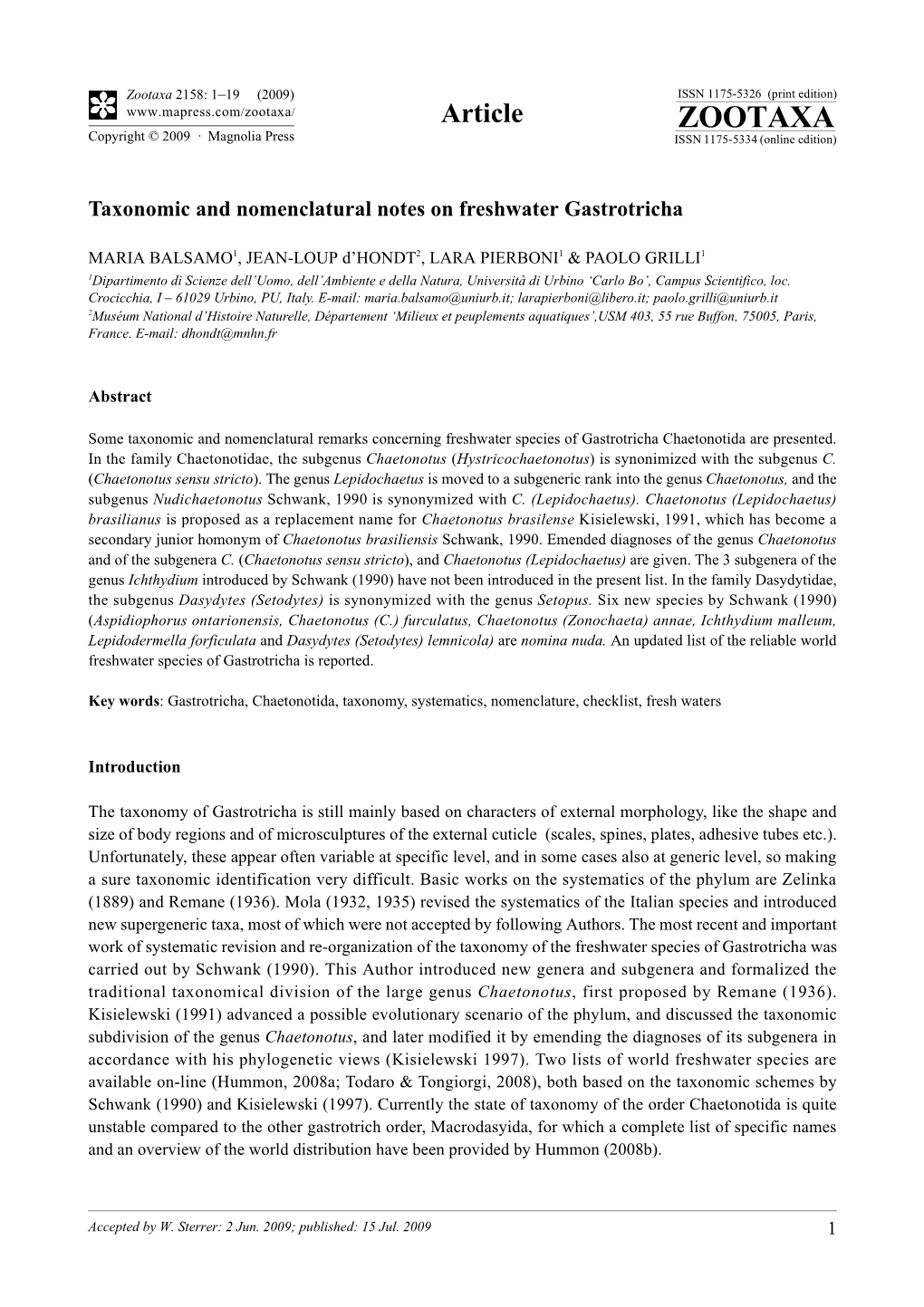 Zootaxa, Taxonomic and Nomenclatural Notes on Freshwater