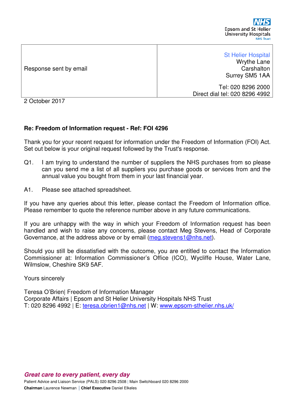 Wrythe Lane Response Sent by Email Carshalton Surrey SM5 1AA
