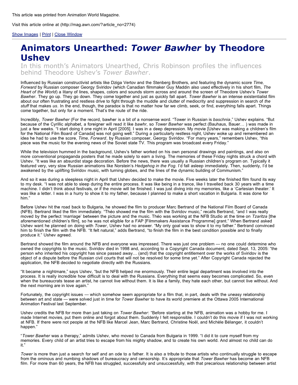 Tower Bawher by Theodore Ushev in This Month’S Animators Unearthed, Chris Robinson Profiles the Influences Behind Theodore Ushev’S Tower Bawher