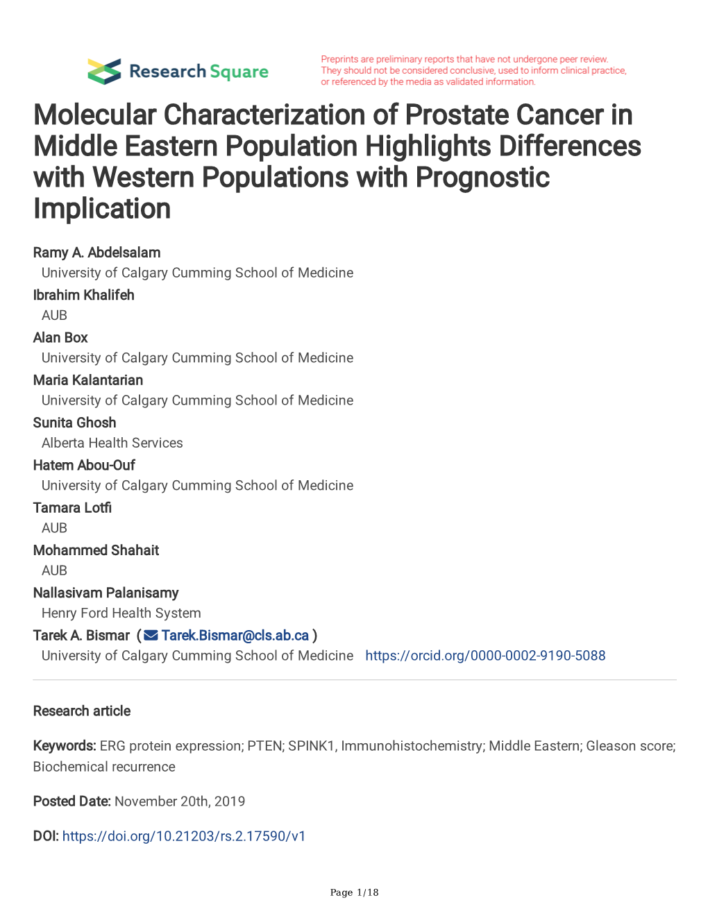 Molecular Characterization of Prostate Cancer in Middle Eastern Population Highlights Differences with Western Populations with Prognostic Implication