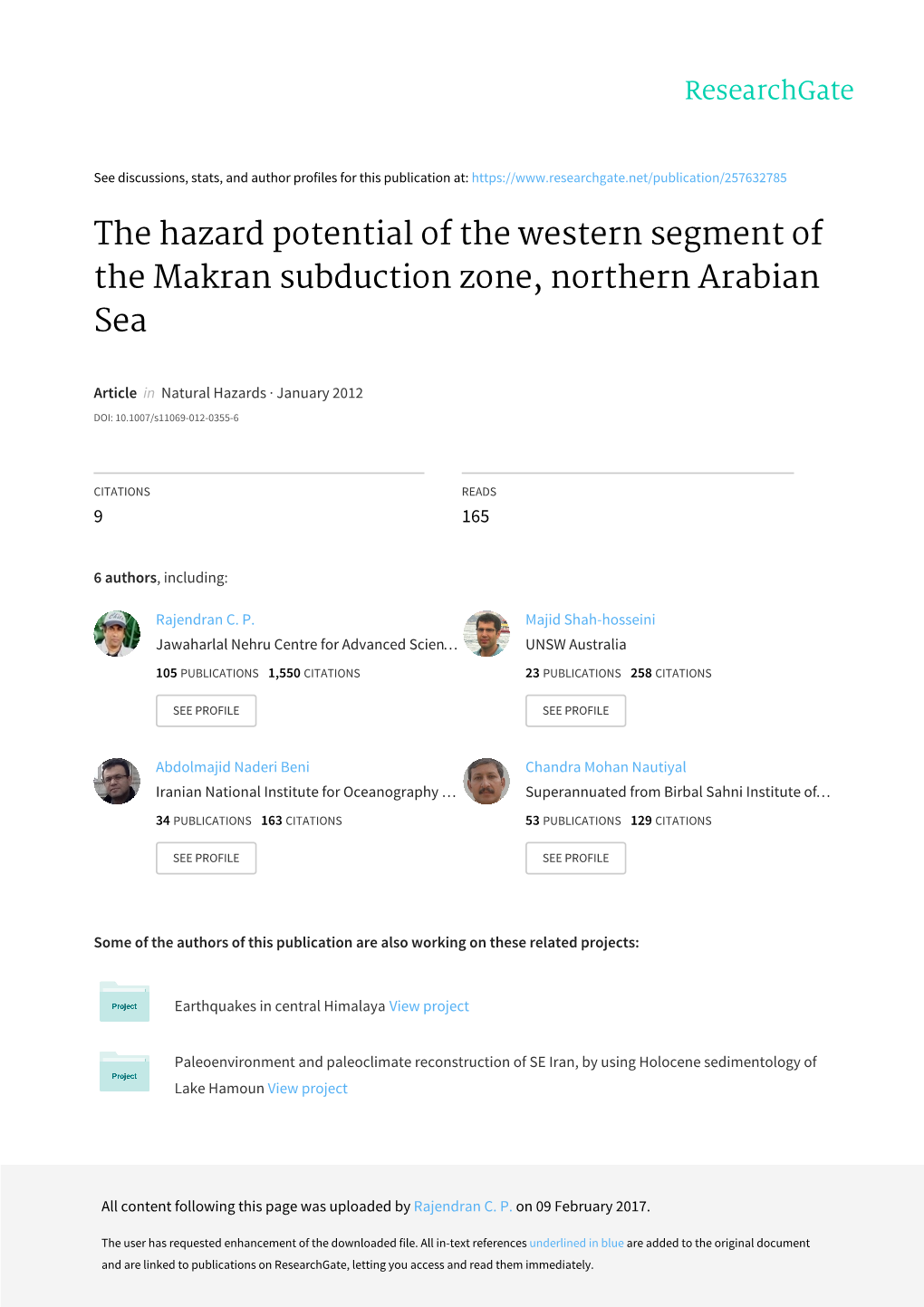 The Hazard Potential of the Western Segment of the Makran Subduction Zone, Northern Arabian Sea