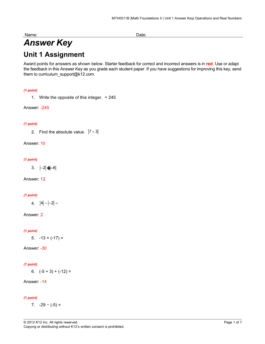 MTH0011B Math Foundations II Unit 1 Answer Key Operations and Real Numbers