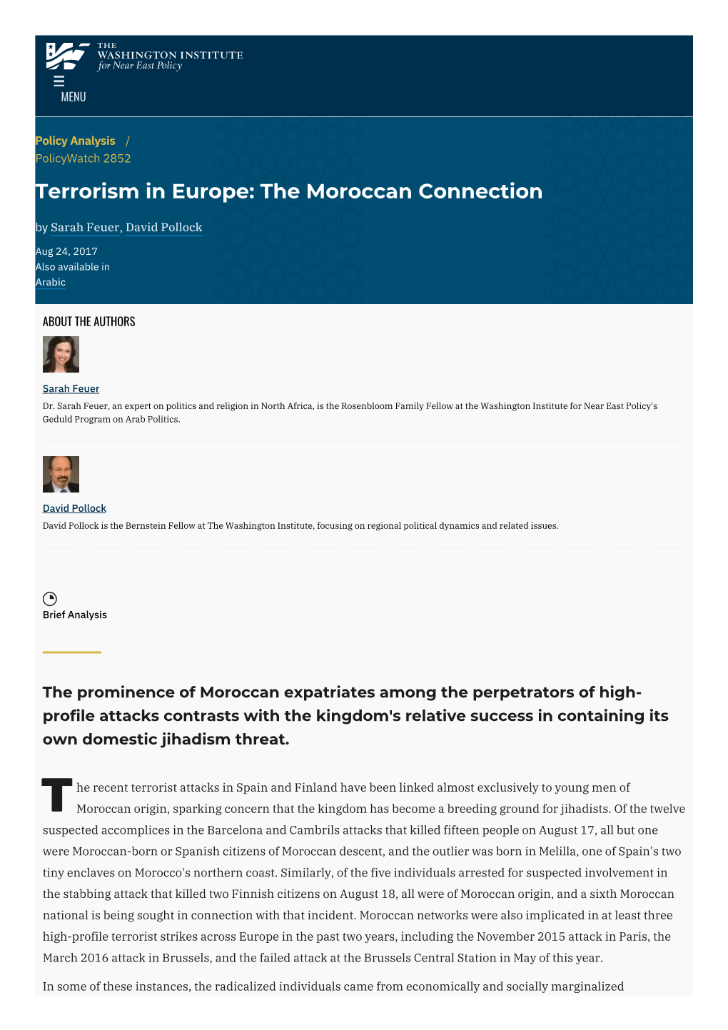 Terrorism in Europe: the Moroccan Connection | the Washington Institute