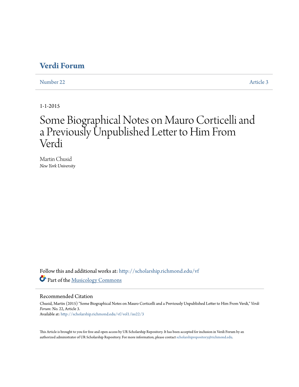 Some Biographical Notes on Mauro Corticelli and a Previously Unpublished Letter to Him from Verdi Martin Chusid New York University