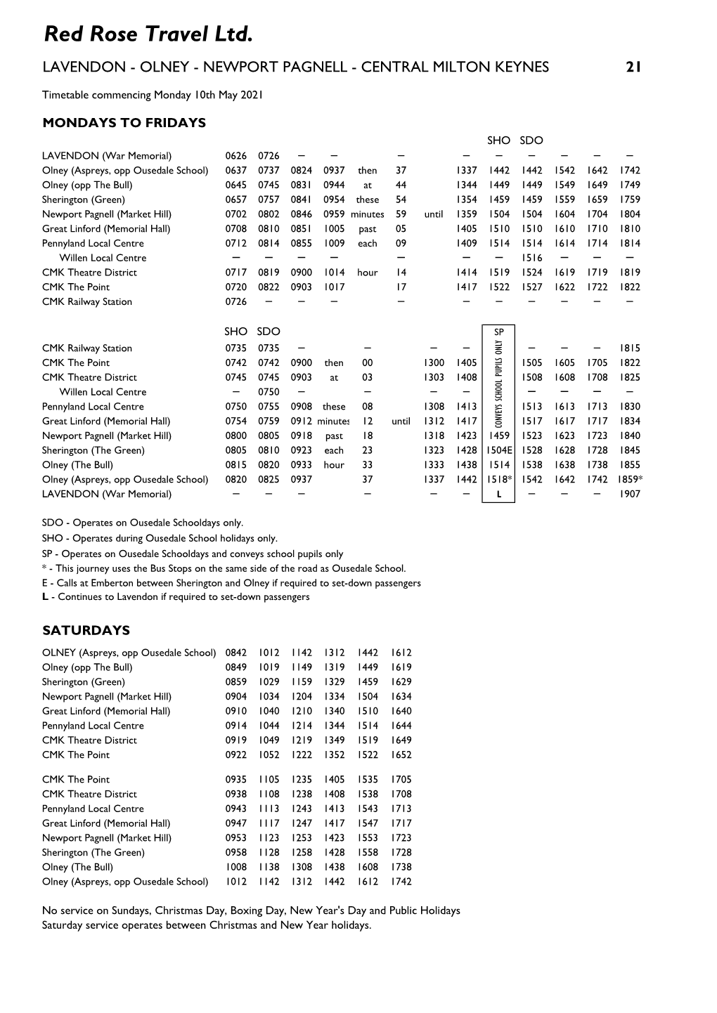 Red Rose Travel Ltd. LAVENDON - OLNEY - NEWPORT PAGNELL - CENTRAL MILTON KEYNES 21