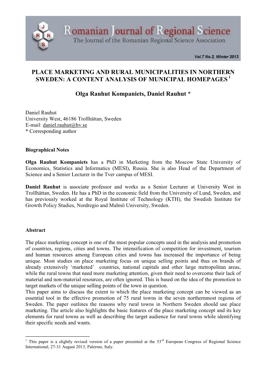 Olga Rauhut Kompaniets and Daniel Rauhut - Place Marketing and Rural Municipalities in Northern Sweden: a Content Analysis of Municipal Homepages