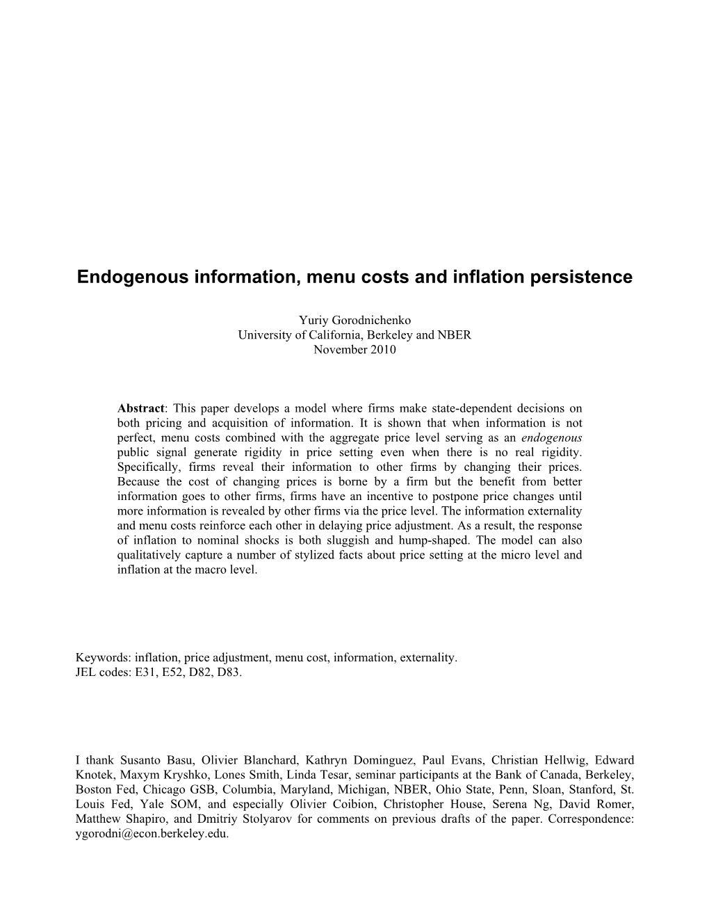 Endogenous Information, Menu Costs and Inflation Persistence