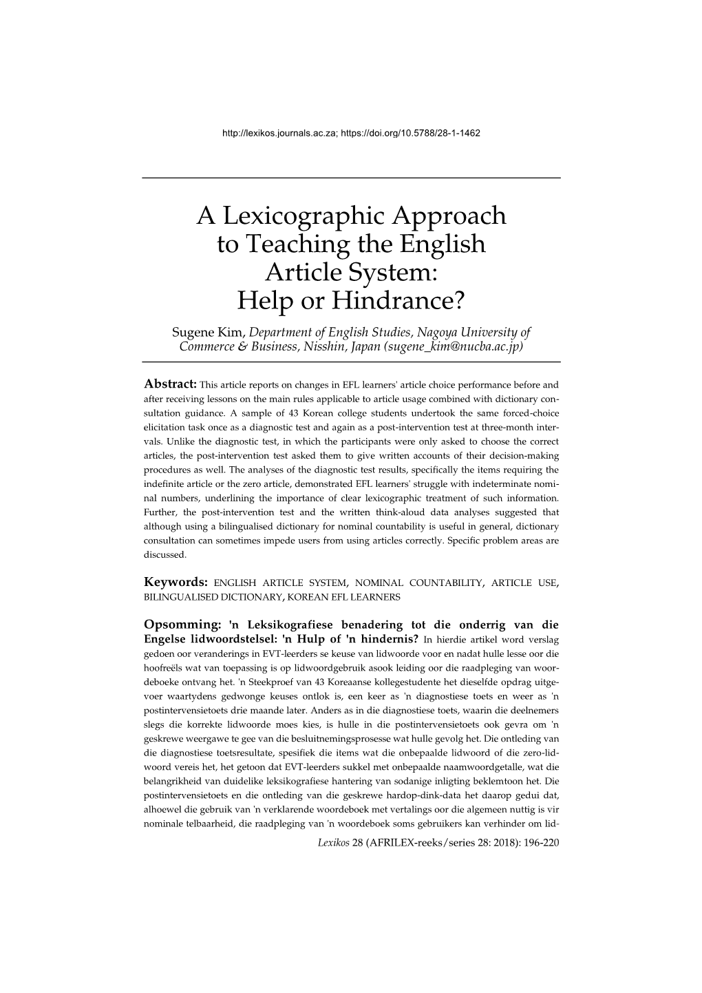A Lexicographic Approach to Teaching the English Article System