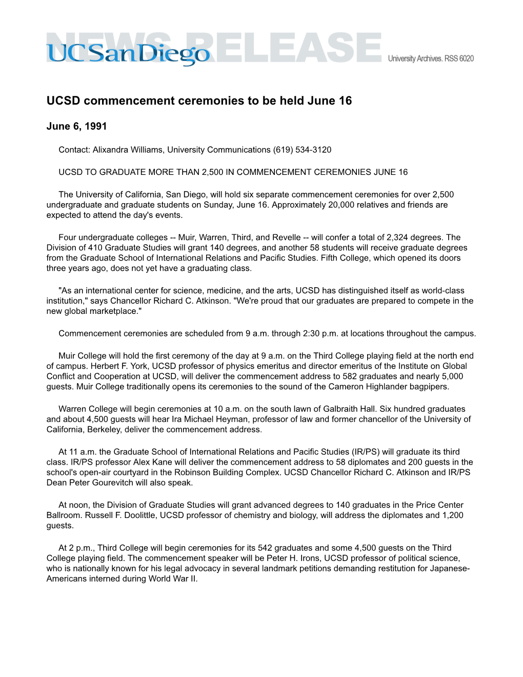 UCSD Commencement Ceremonies to Be Held June 16