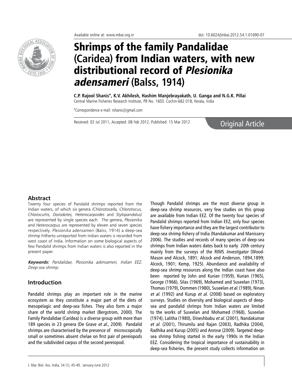 Shrimps of the Family Pandalidae (Caridea) from Indian Waters, with New Distributional Record of Plesionika Adensameri (Balss, 1914)