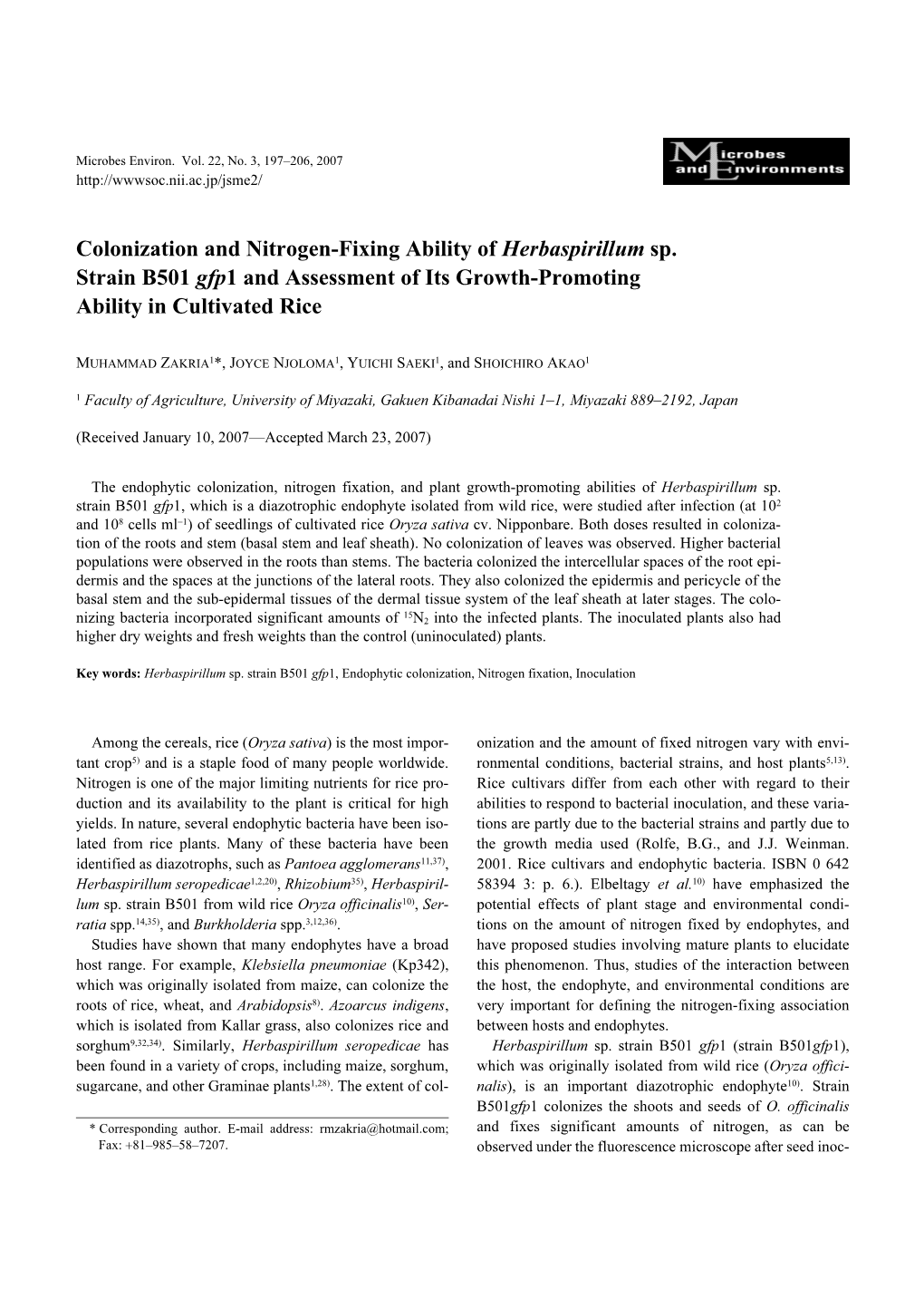 Colonization and Nitrogen-Fixing Ability of Herbaspirillum Sp. Strain B501 Gfp1 and Assessment of Its Growth-Promoting Ability in Cultivated Rice