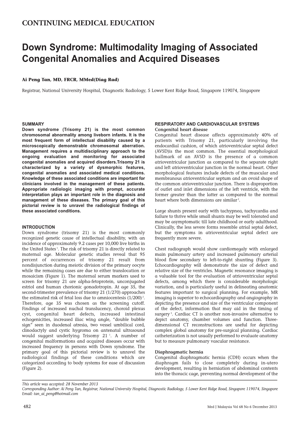 Down Syndrome: Multimodality Imaging of Associated Congenital Anomalies and Acquired Diseases