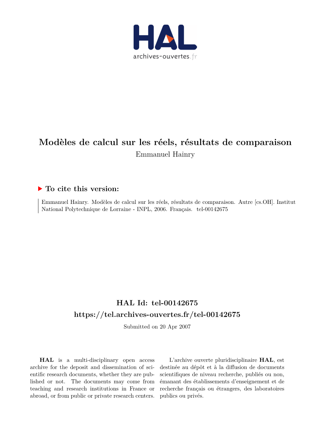 Modèles De Calcul Sur Les Réels, Résultats De Comparaison Emmanuel Hainry