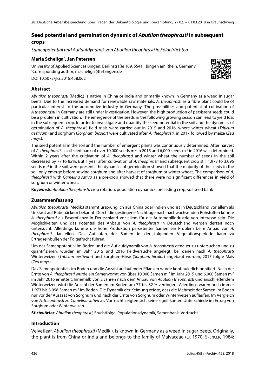 Seed Potential and Germination Dynamic of Abutilon Theophrasti In