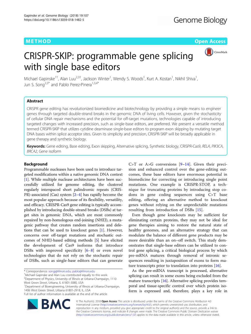 CRISPR-SKIP: Programmable Gene Splicing with Single Base Editors Michael Gapinske1†, Alan Luu2,3†, Jackson Winter1, Wendy S