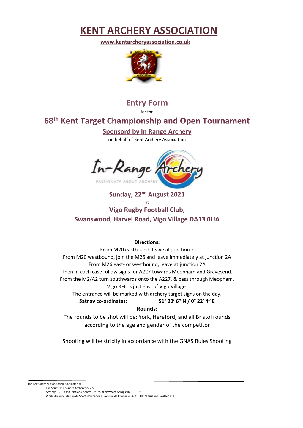Entry Form for the 68Th Kent Target Championship and Open Tournament Sponsord by in Range Archery on Behalf of Kent Archery Association