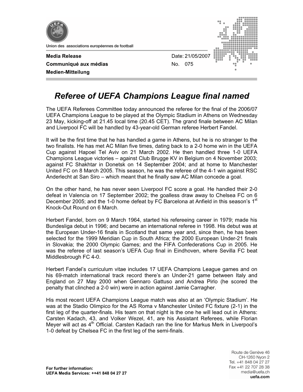 Referee of UEFA Champions League Final Named