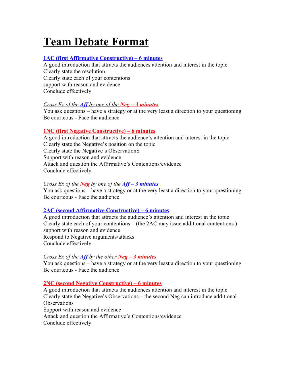 Team Debate Format