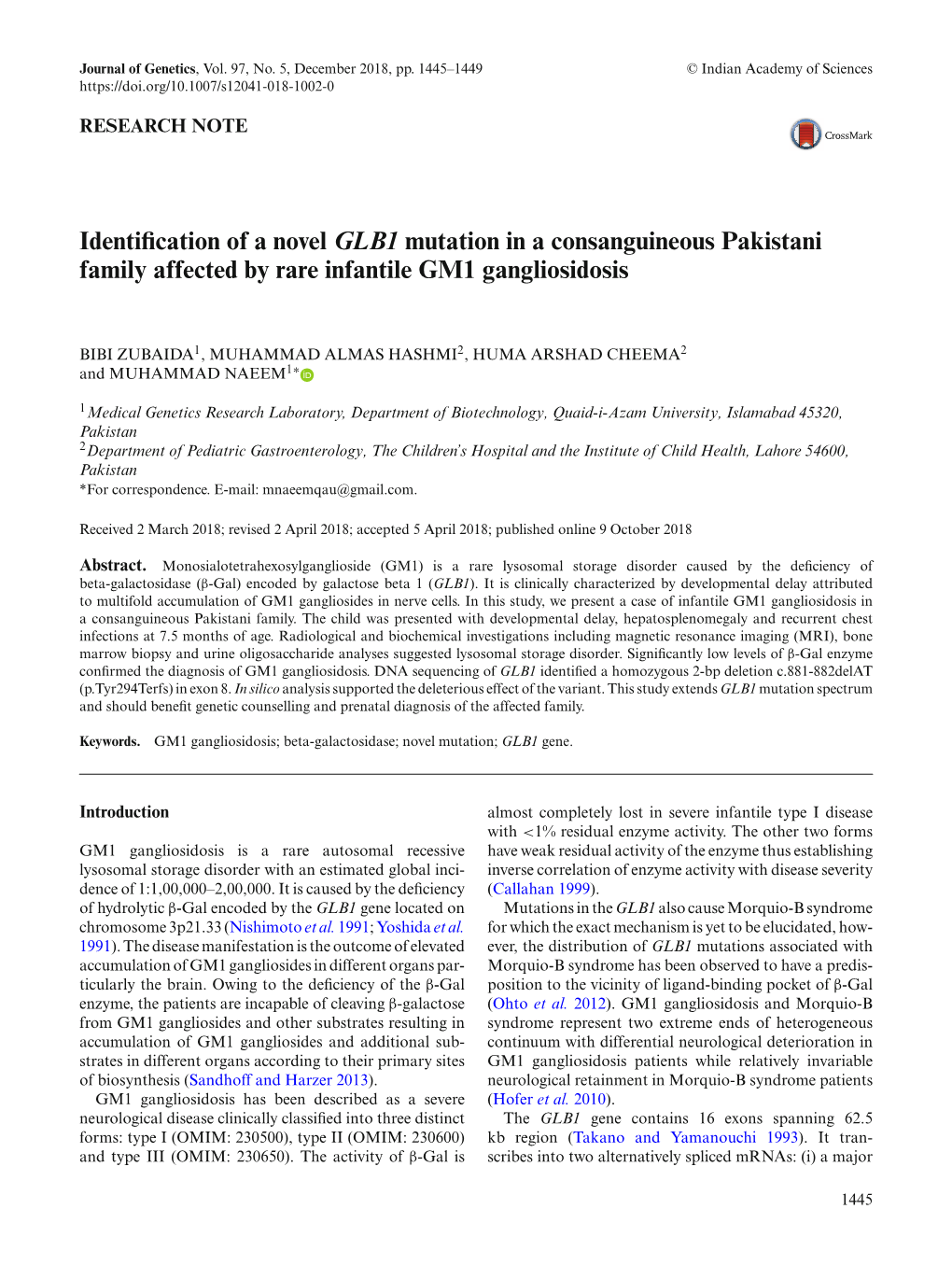 Identification of a Novel GLB1 Mutation in a Consanguineous Pakistani