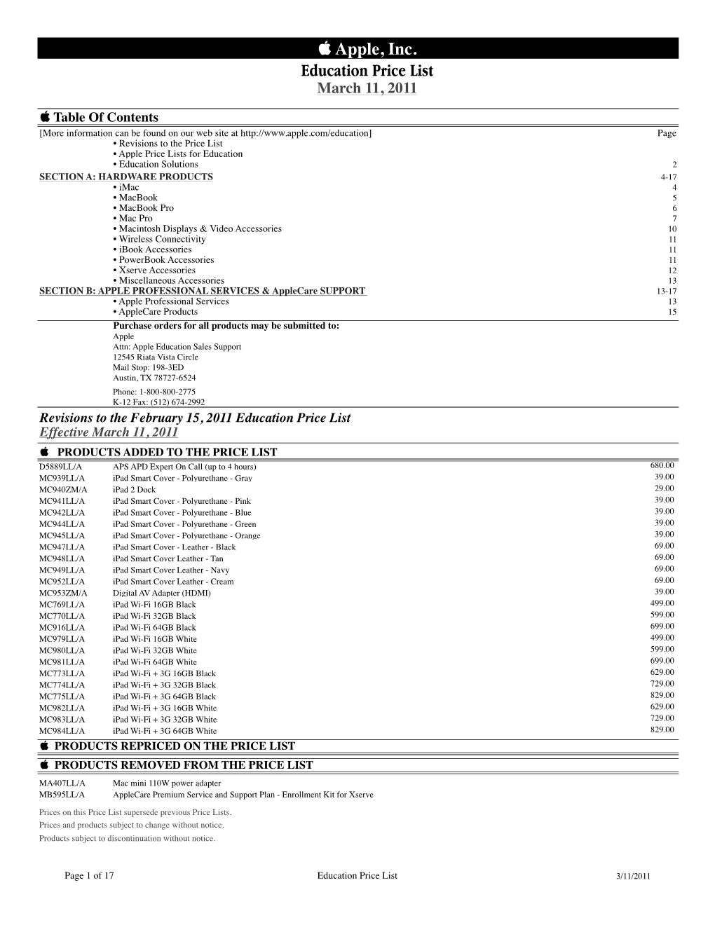 Apple, Inc. Education Price List March 11, 2011