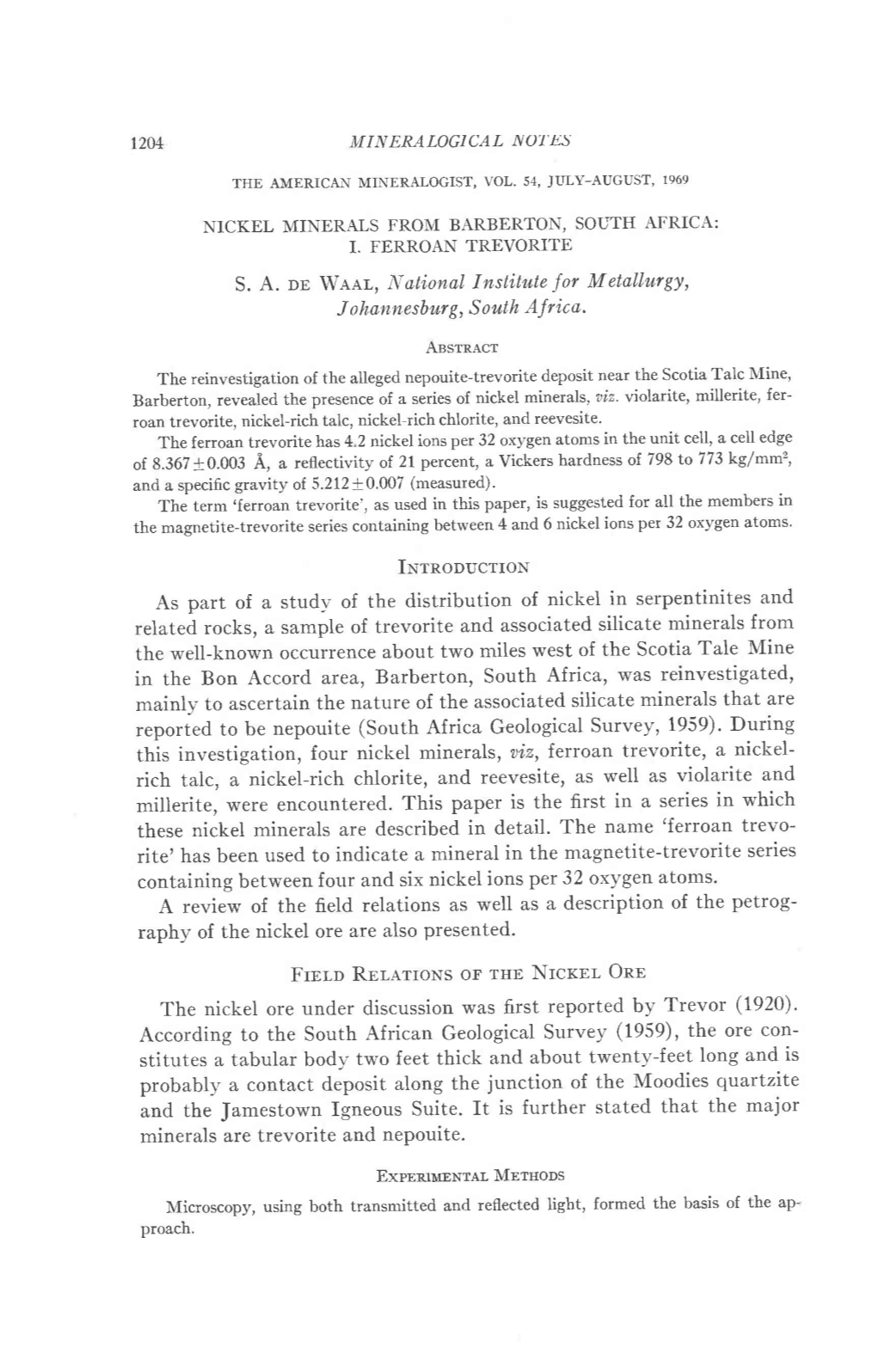 Of the Distribution of Nickel in Serpentinites and Related Rocks, A