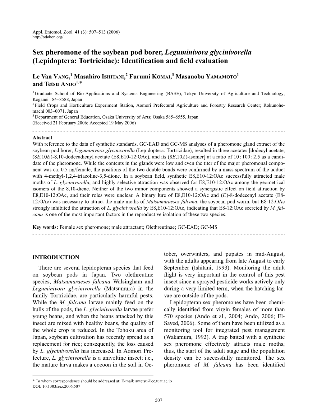 Sex Pheromone of the Soybean Pod Borer, Leguminivora Glycinivorella (Lepidoptera: Tortricidae): Identification and Field Evaluation